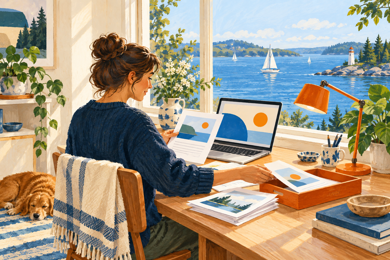 Gouache illustration of a person checking a document before moving it to a reviewed tray