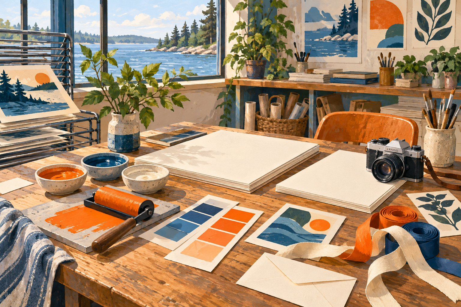 Gouache illustration of reusable blue, orange and cream print materials on a design studio table