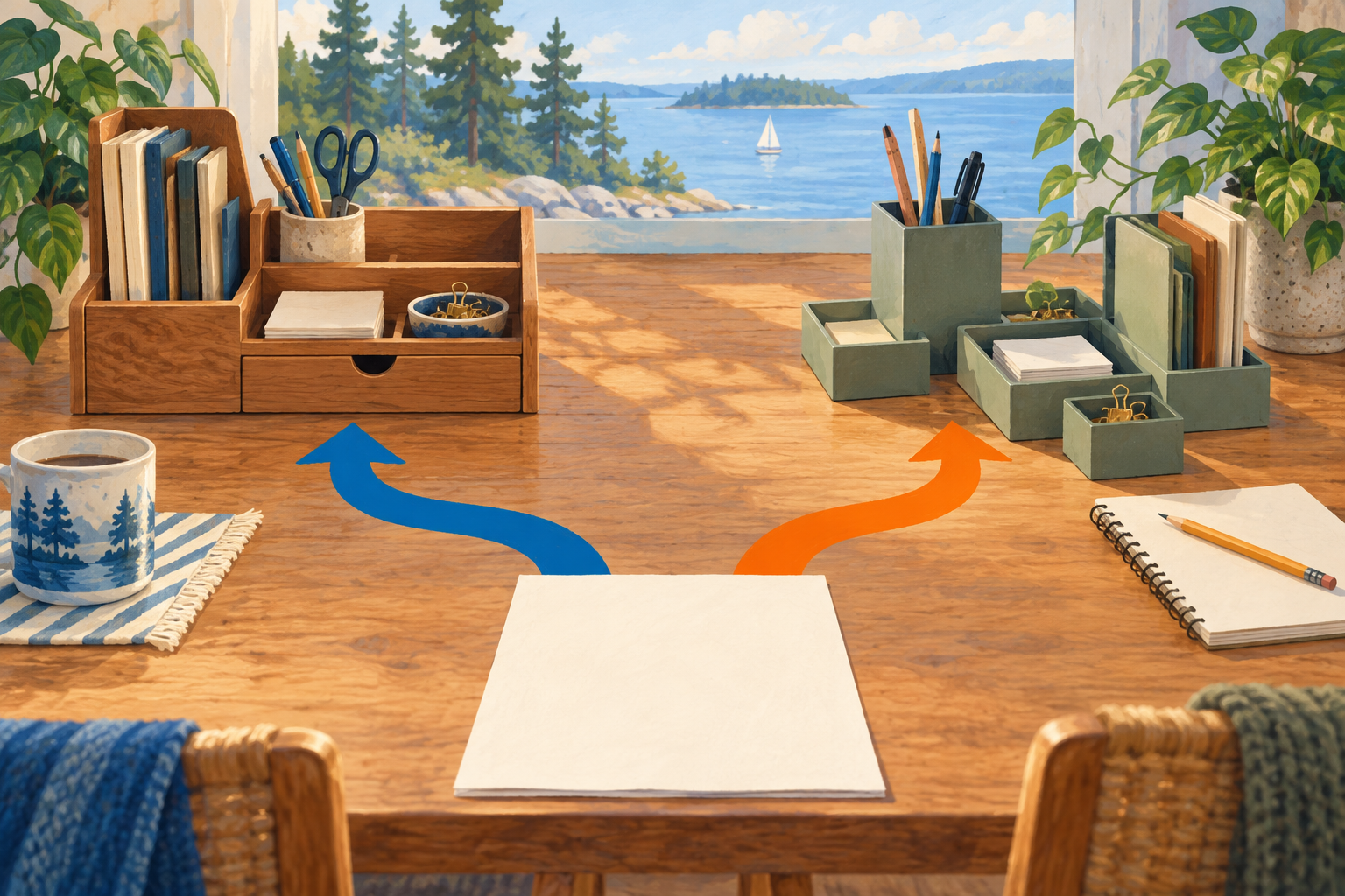 Gouache illustration comparing two ways to organize a practical task