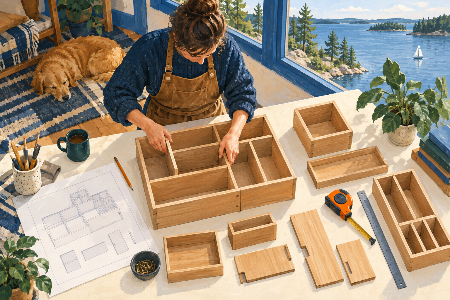 Gouache illustration of a craftsperson fitting wooden compartments to a specific working space