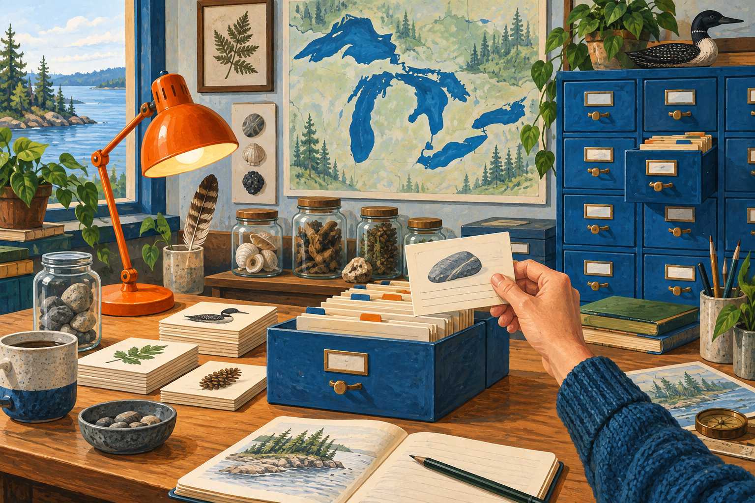 Gouache illustration of a carefully organized archive with a person checking an original source card