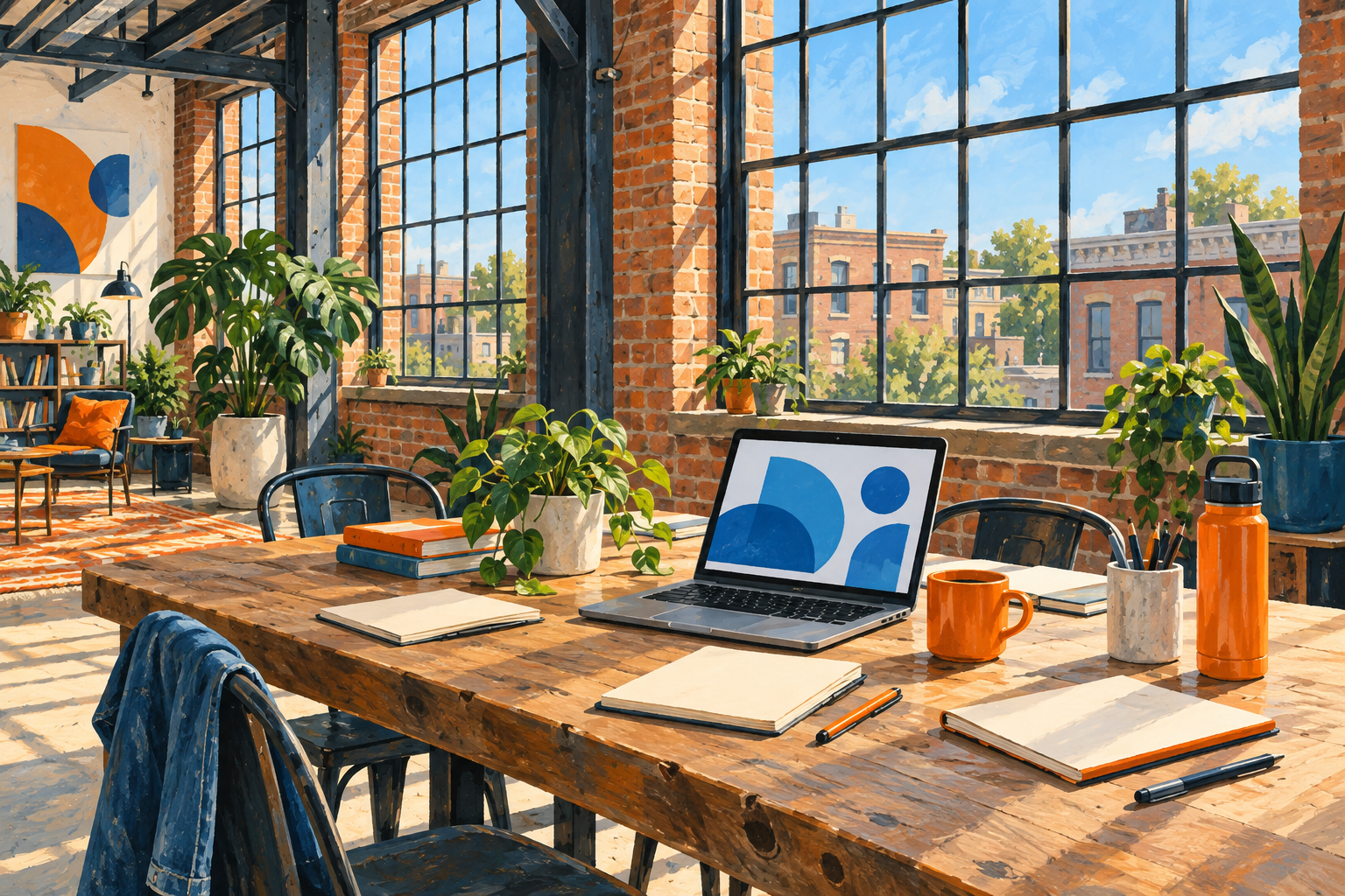 Imaginative illustration of a Great Lakes industrial-city workshop with brick windows and a neighborhood view