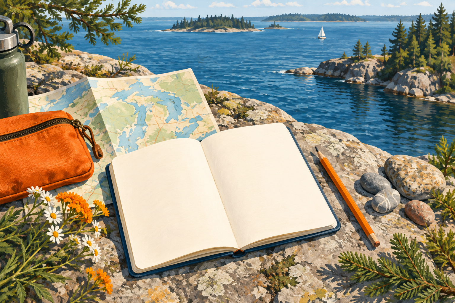 Gouache illustration of an open notebook, map and field materials beside a lake