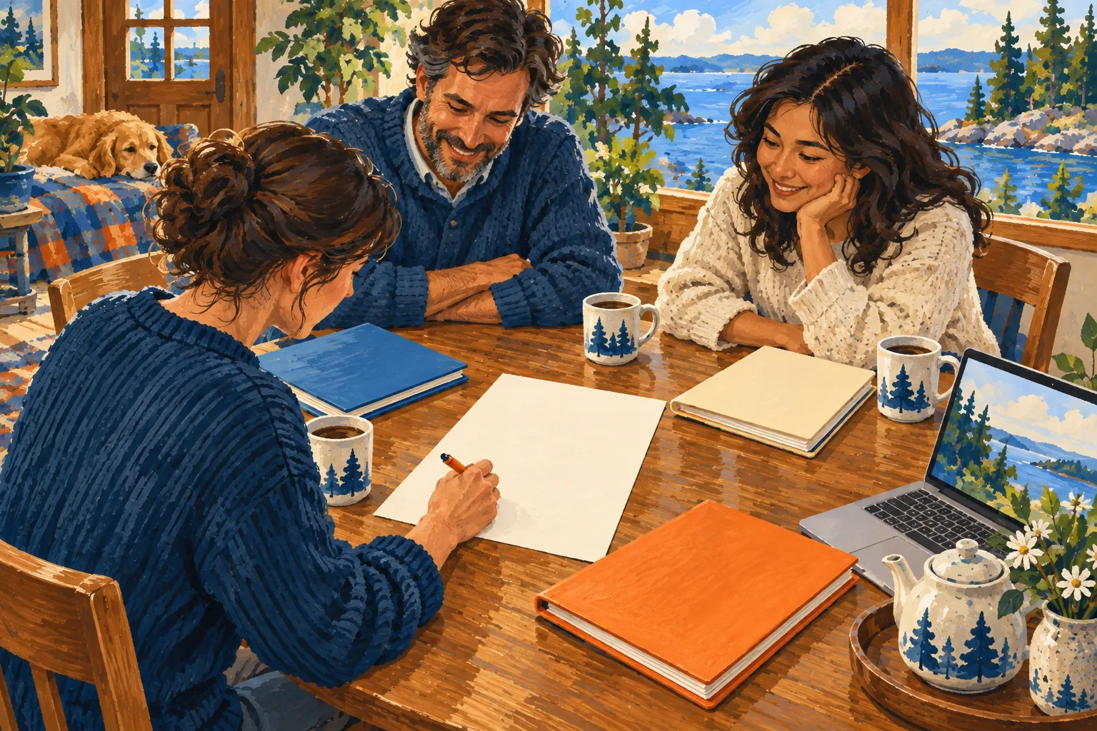 Editorial gouache illustration: Three colleagues agree on a one-page policy at a round table with blue, cream and orange folders sorted into separate stacks