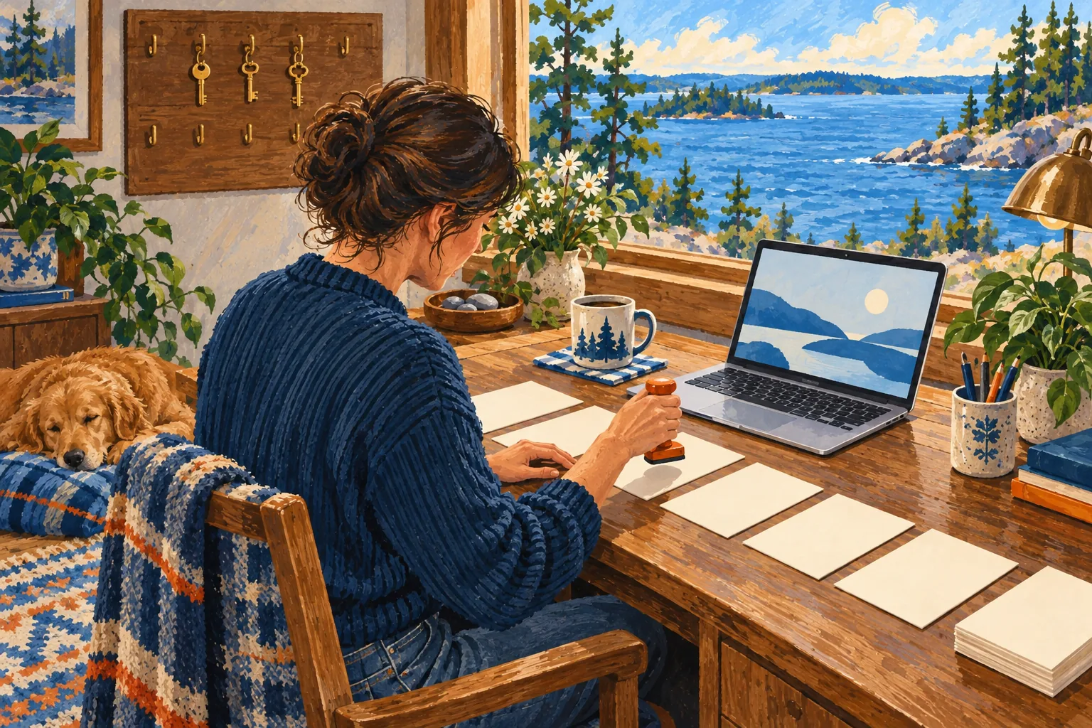 Editorial gouache illustration: An operations manager holds an orange approval stamp over a row of blank proposal cards beside a key board with only three keys