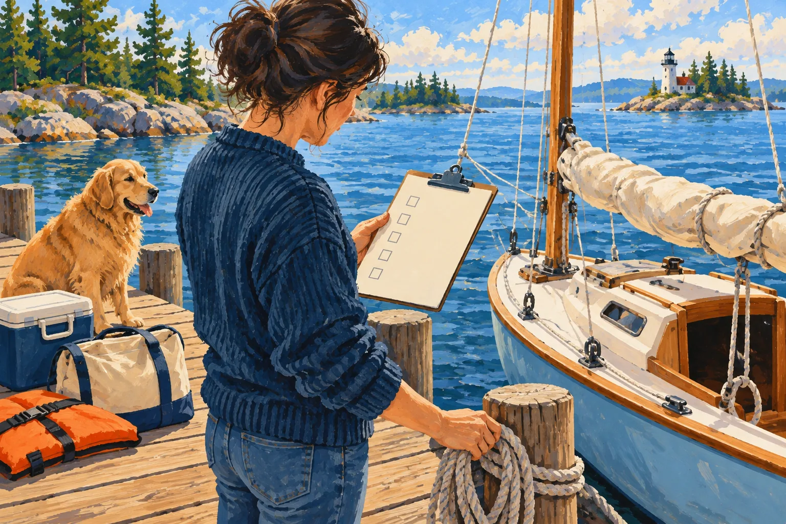Editorial gouache illustration: A person checks a sailboat against a blank checklist on a Great Lakes dock before setting out