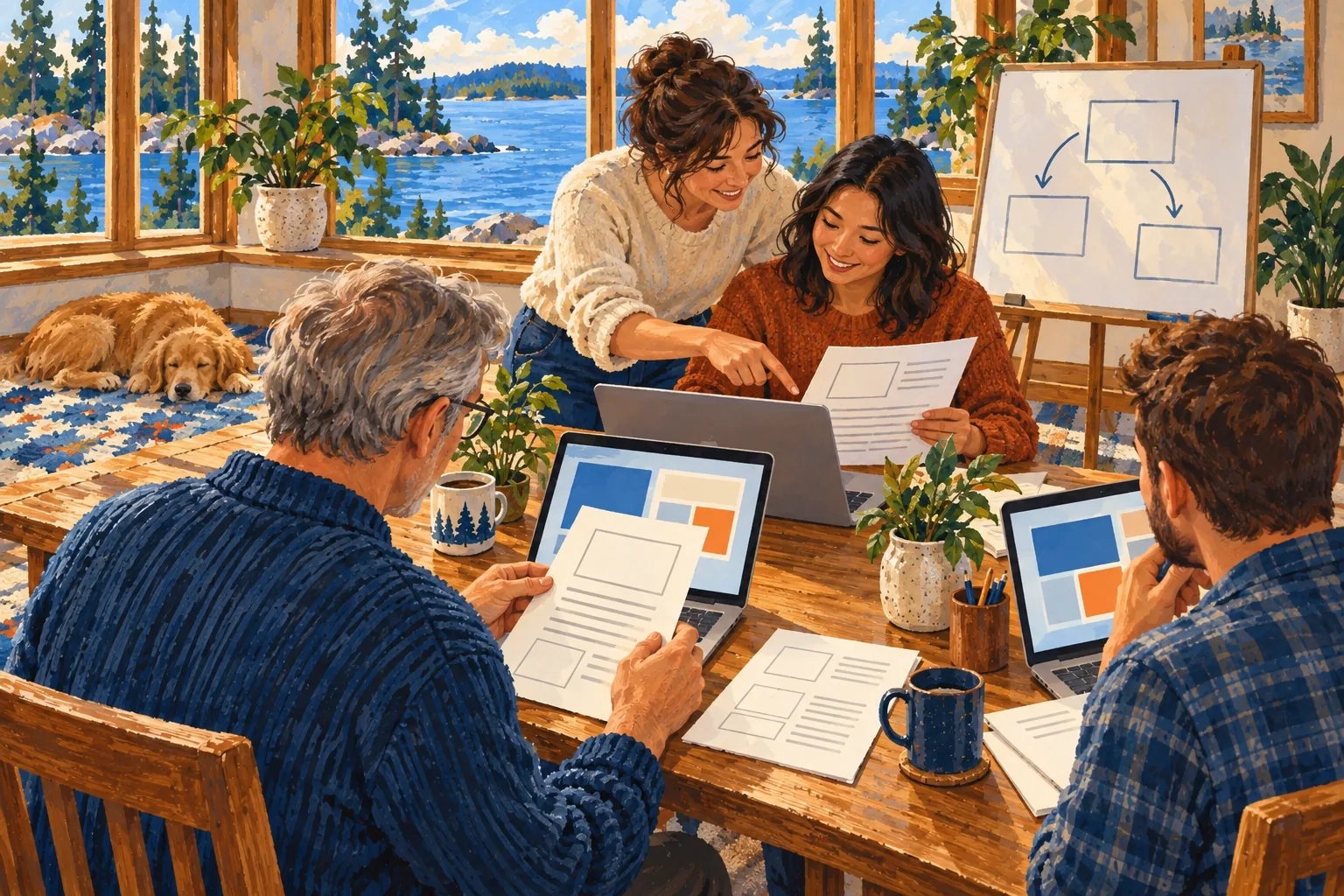Editorial gouache illustration: A trainer helps three employees compare printed examples with their laptops during a hands-on workshop