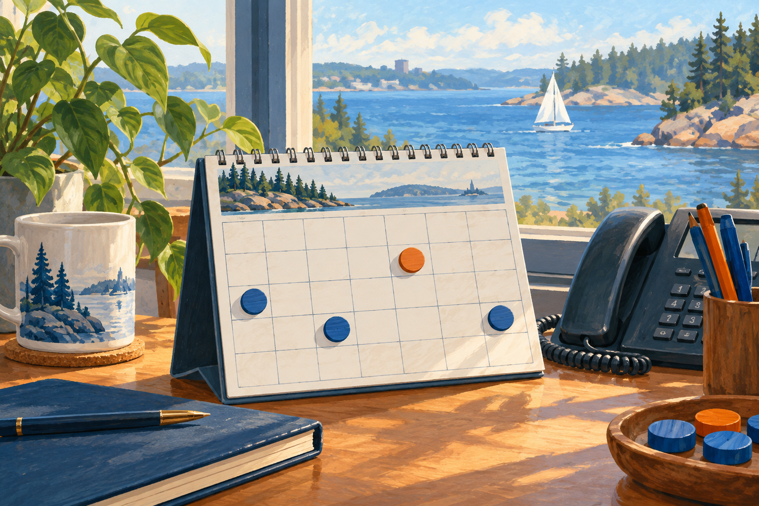 Editorial gouache illustration: A desk calendar with blank squares, one orange wooden marker and several blue markers, next to a telephone and notebook