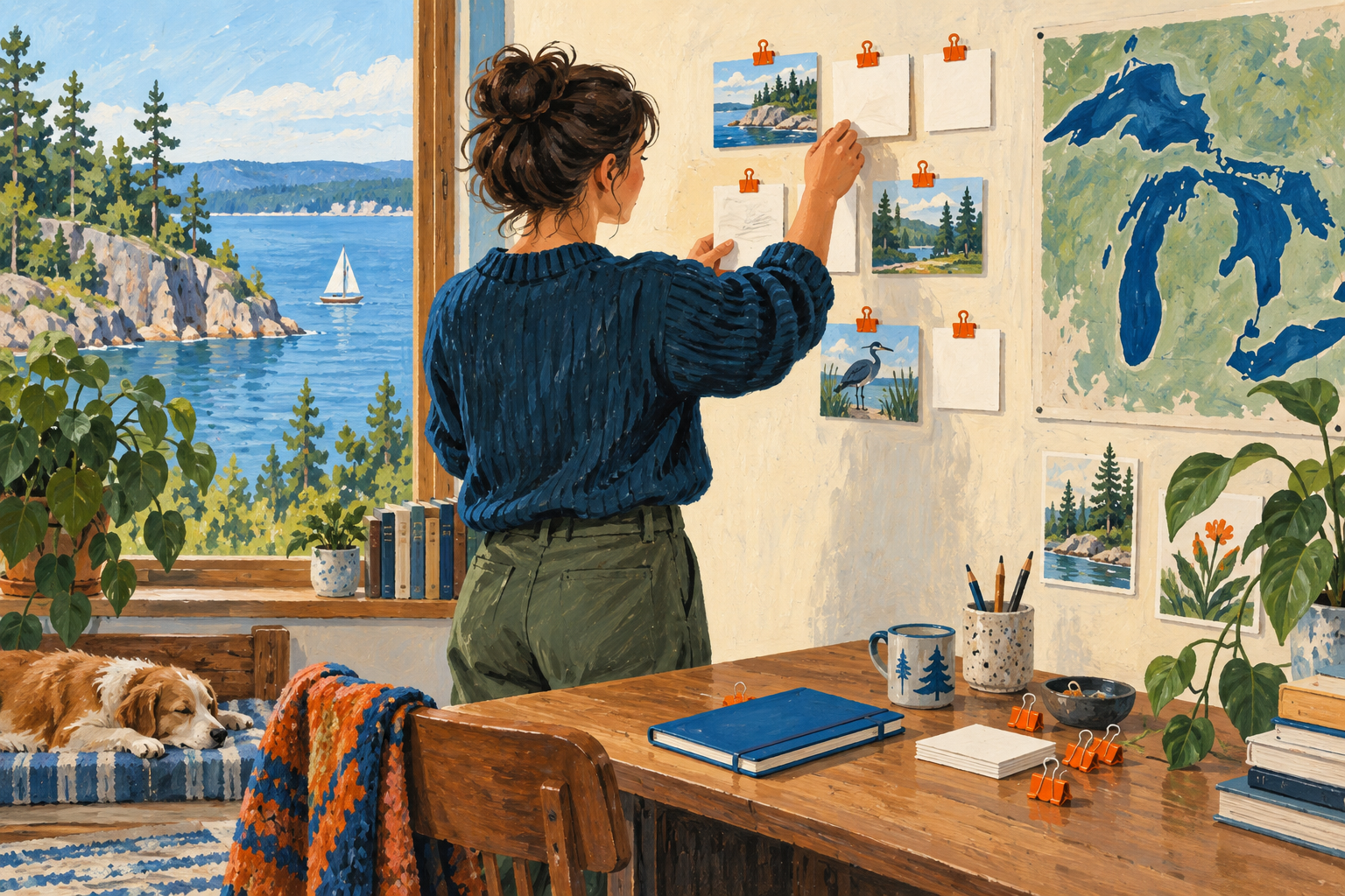 Editorial gouache illustration: A researcher arranging unlettered source cards on a wall above a desk, organizing a short list for a colleague to review