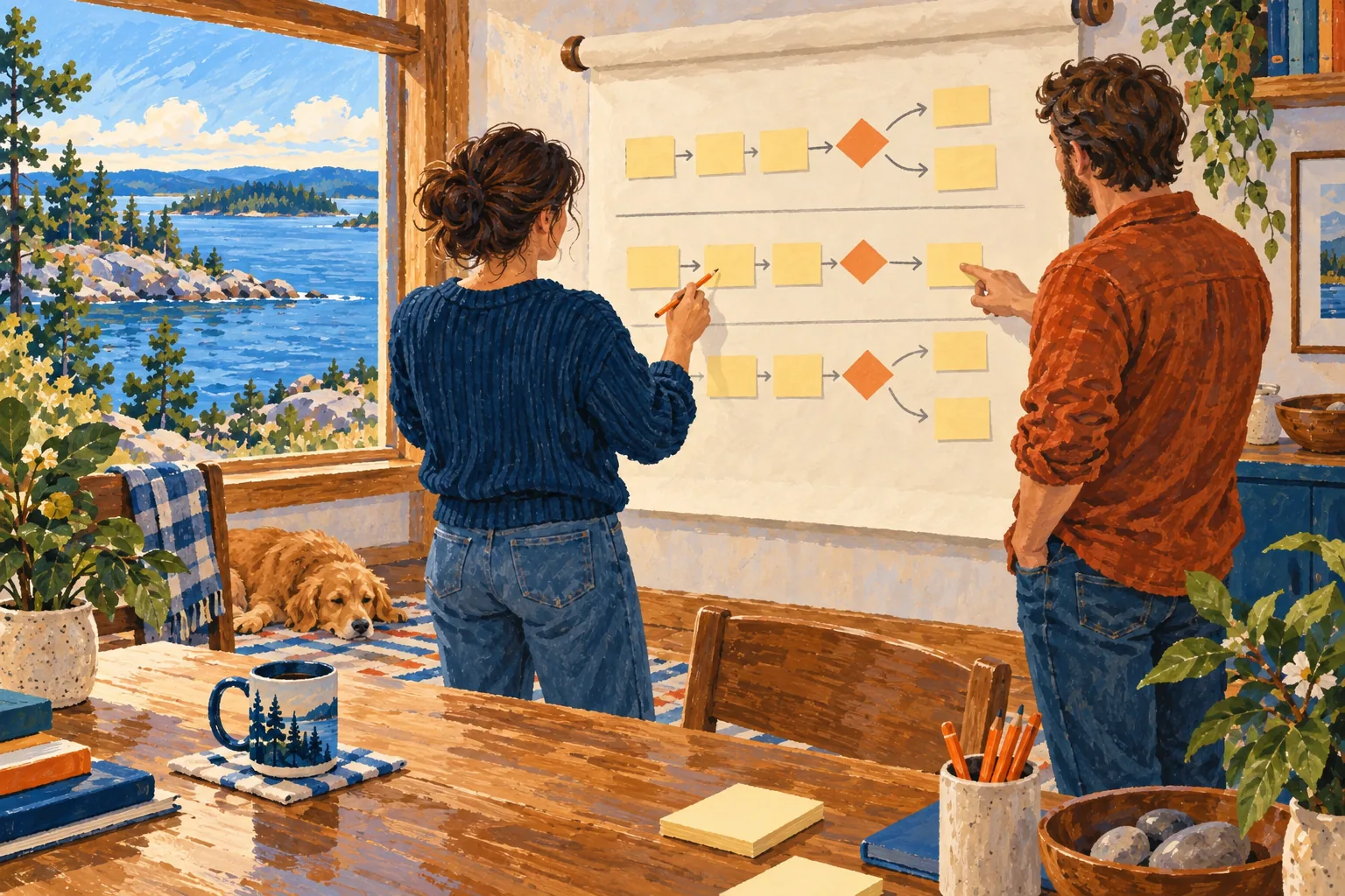 Editorial gouache illustration: Two colleagues map a workflow on a wall-mounted paper roll with blank cards in three swimlanes and orange decision diamonds