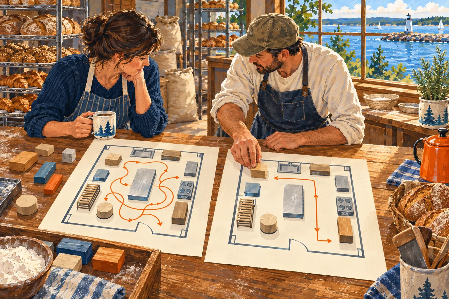 Editorial gouache illustration: A bakery owner and a colleague compare a tangled kitchen route with a shorter redesigned route on two blank floor plans