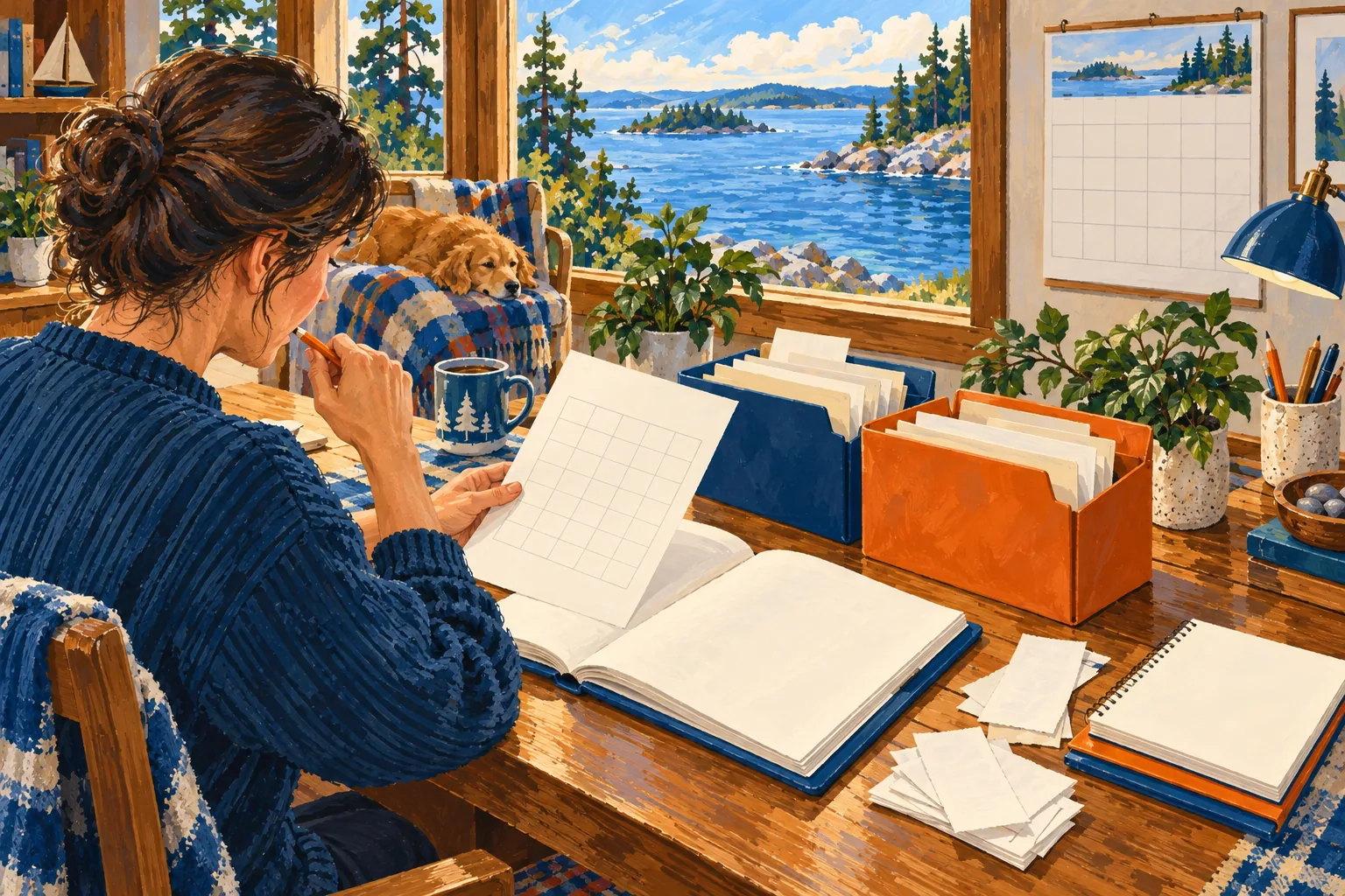 Editorial gouache illustration: A bookkeeper sorts project receipts and timesheets into navy and orange folders beside an open ledger