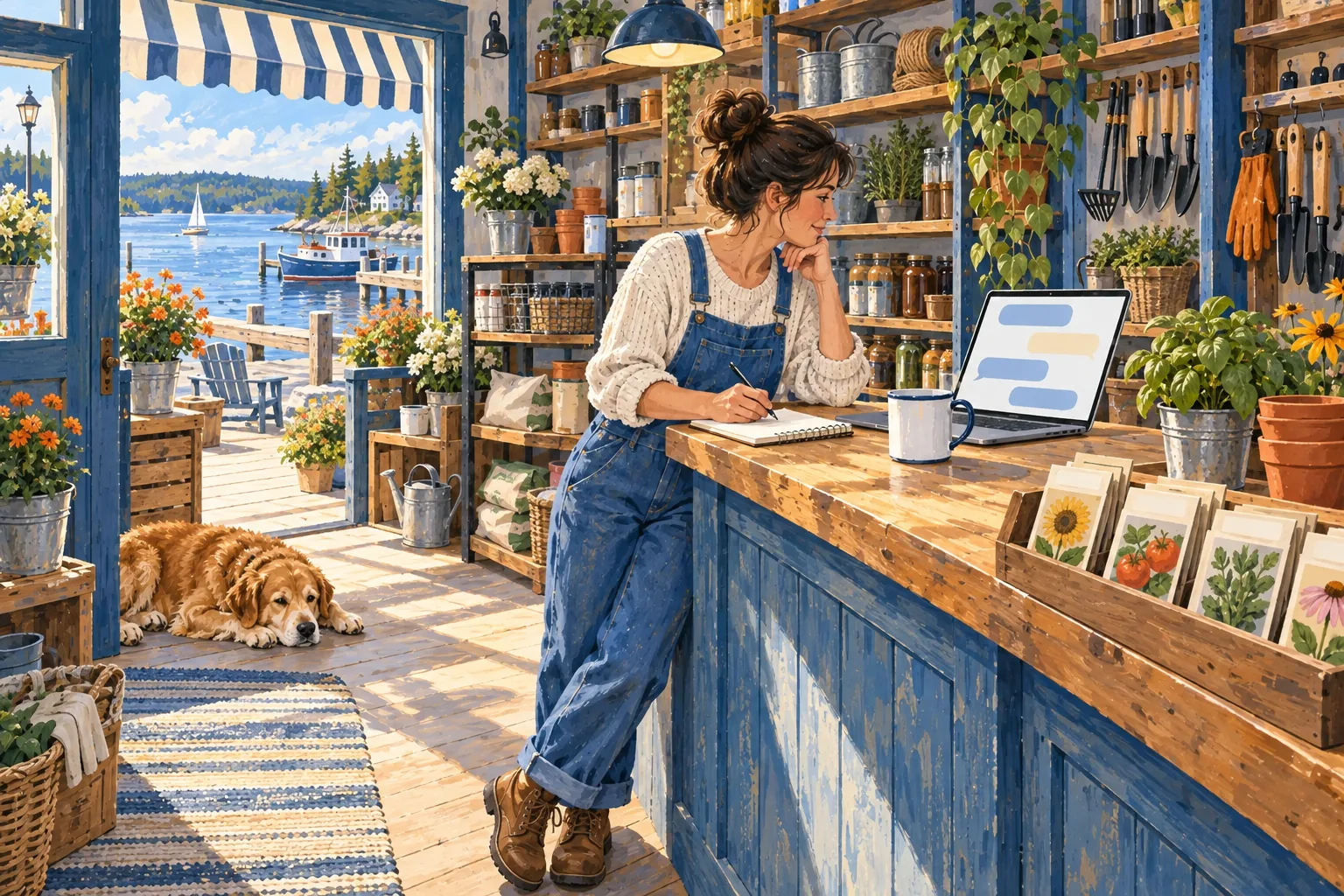 Editorial gouache illustration: A hardware shop owner drafts on a laptop showing blank chat bubbles at a lakeside shop counter
