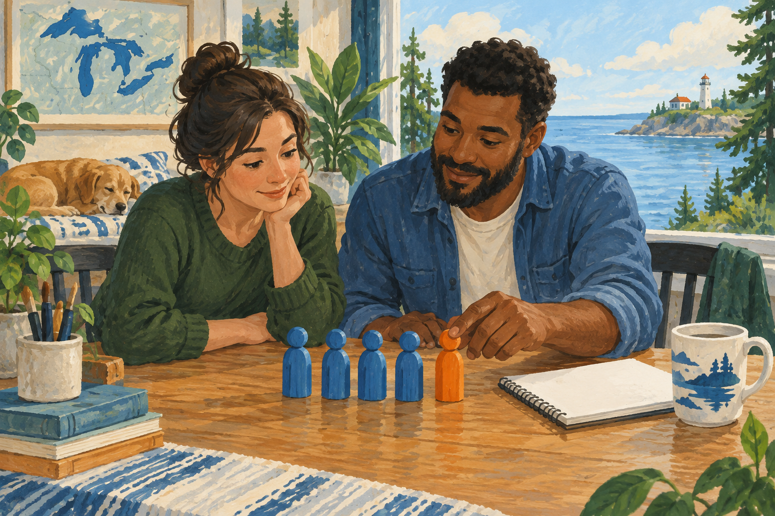 Editorial gouache illustration: Two colleagues review a row of simple blue wooden indicators and one orange indicator beside an unlettered notebook