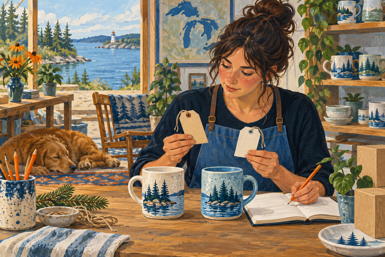 Editorial gouache illustration: A shop owner compares two unlettered product tags alongside matching ceramic mugs, recording a proposed change in a blank notebook with an orange pencil.