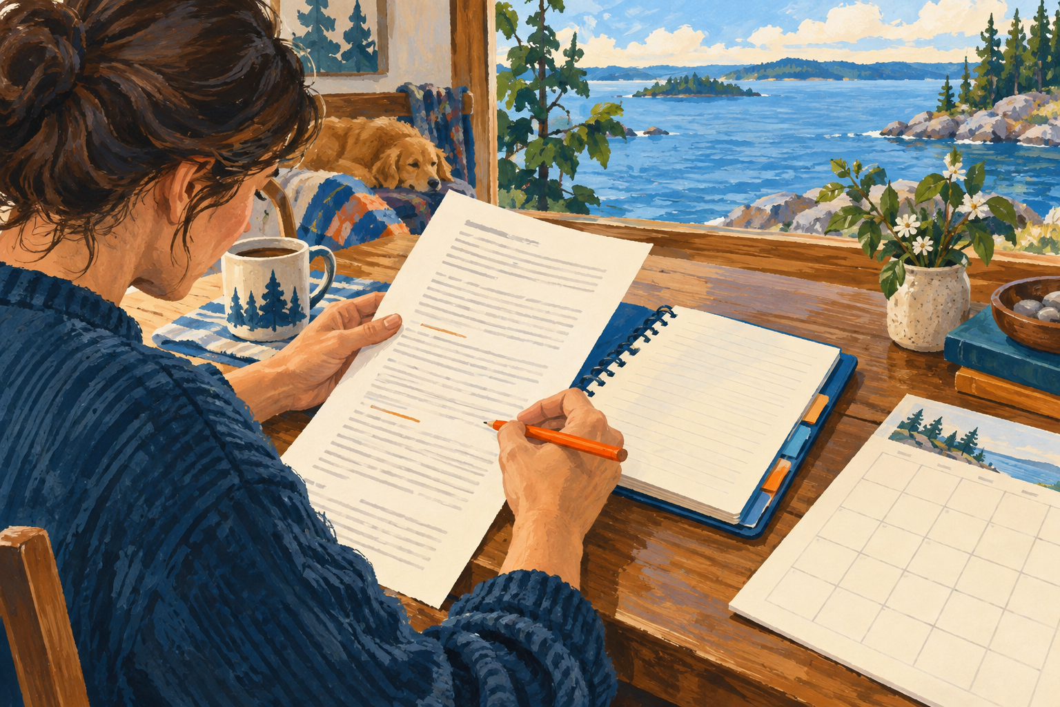 Editorial gouache illustration: A close view of a reader comparing a long unlettered document with a blue tabbed notebook and blank calendar, orange pencil marking a page.