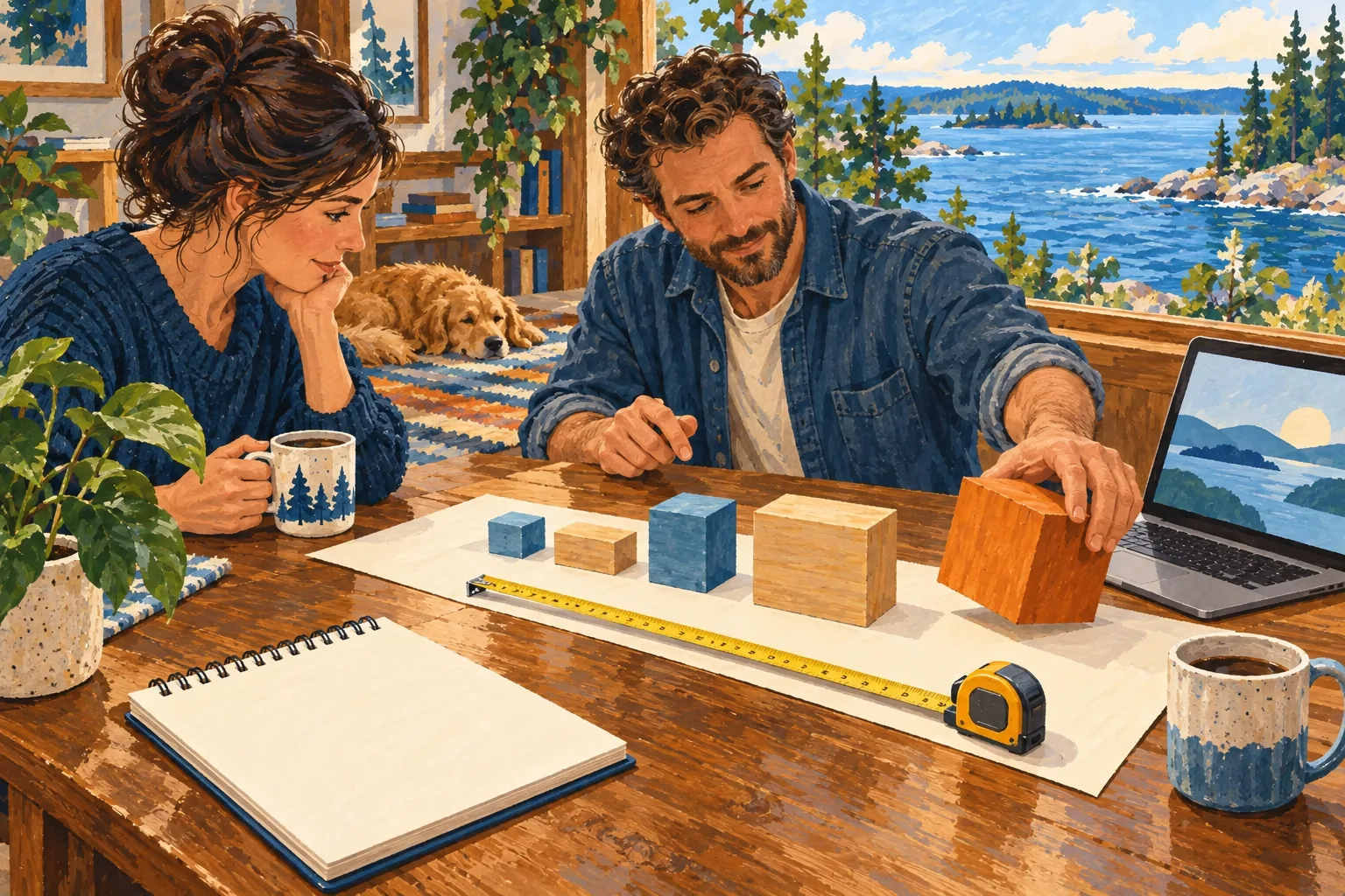 Editorial gouache illustration: A business owner and a developer size a first release with wooden blocks along a paper strip beside a measuring tape