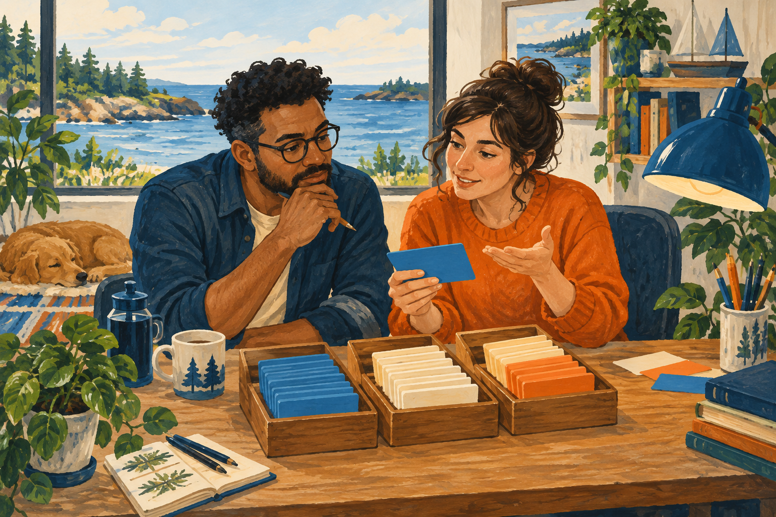 Editorial gouache illustration: A customer support workspace with three trays of blank blue cream and orange cards