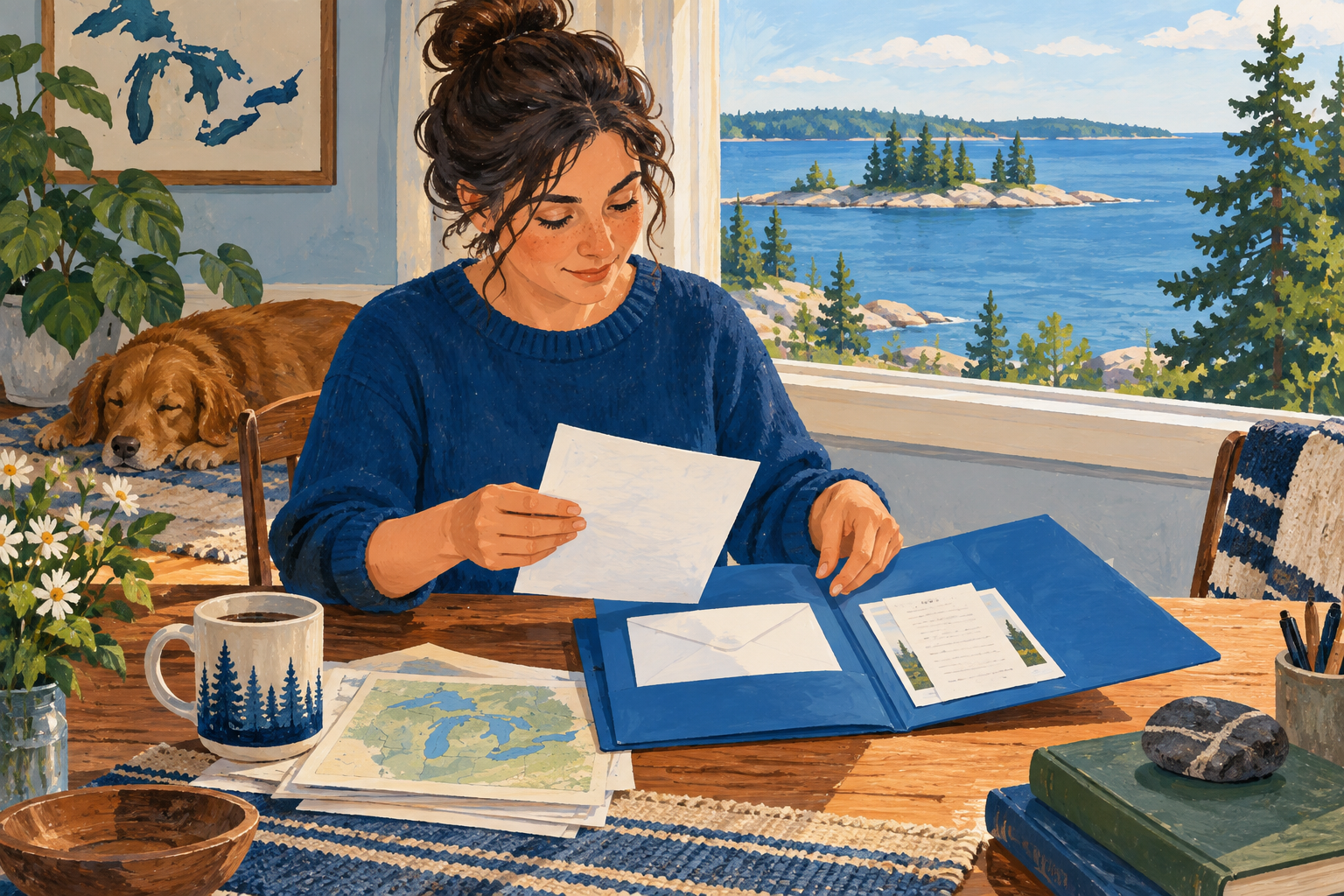 Editorial gouache illustration: A person carefully organizes an unlettered letter, envelope, supporting records and a plain blank receipt in a blue folder