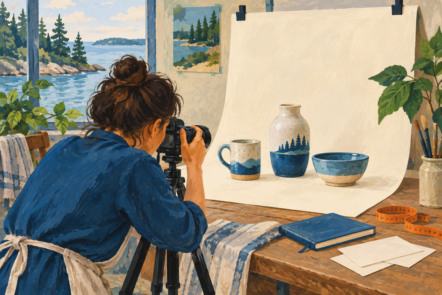 Editorial gouache illustration: An artisan photographing three simple ceramic products against a cream backdrop, blue notebook with blank cards and orange measuring tape