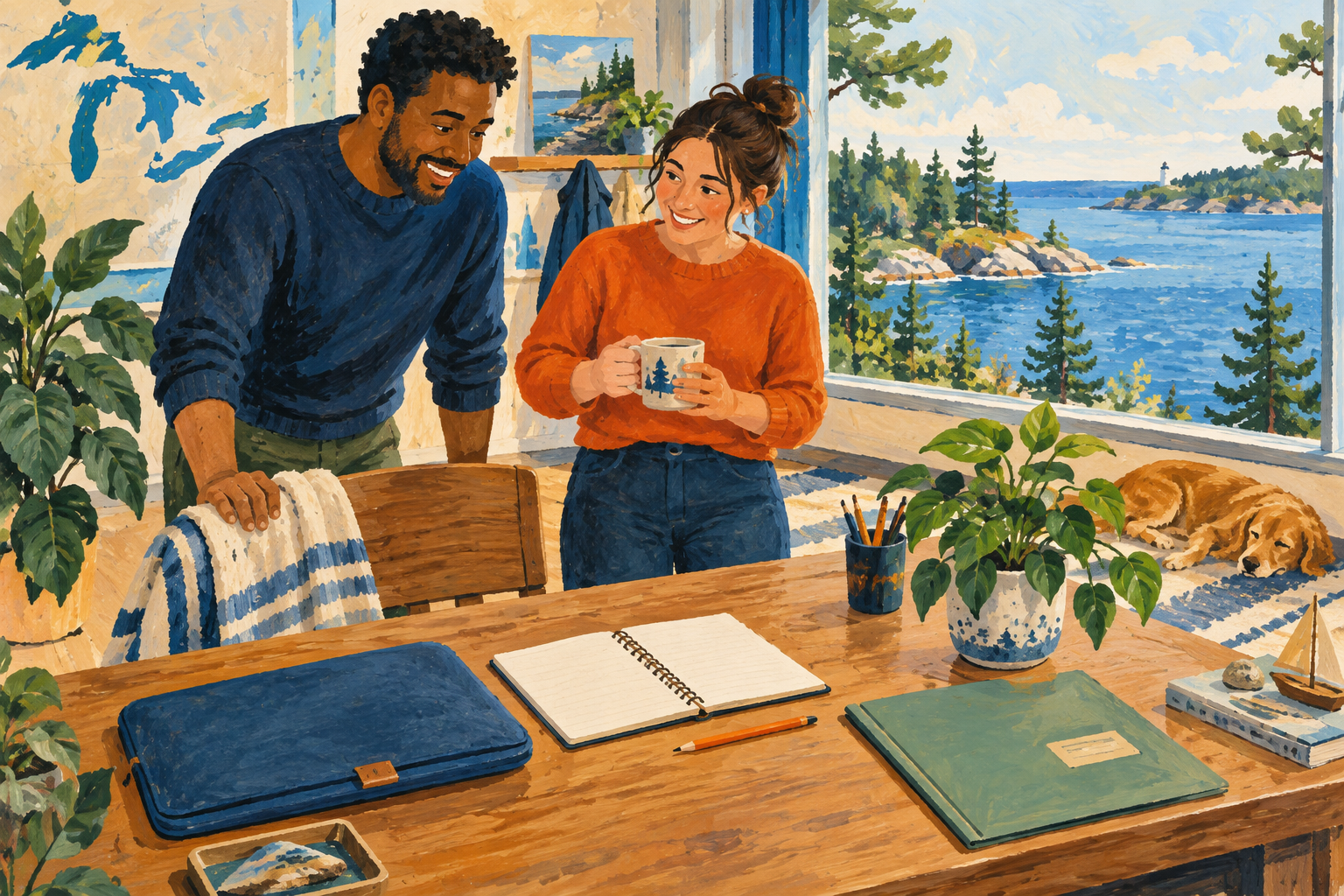 Editorial gouache illustration: A welcoming work desk prepared for a new colleague: blank notebook, blue laptop sleeve, orange pencil, potted plant and a simple folder