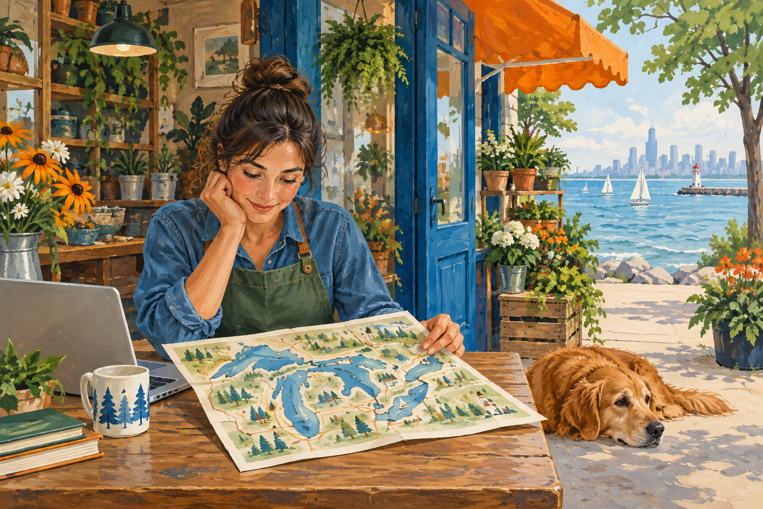 Editorial gouache illustration: A local shopkeeper reviewing a hand drawn unlettered neighborhood map beside a laptop
