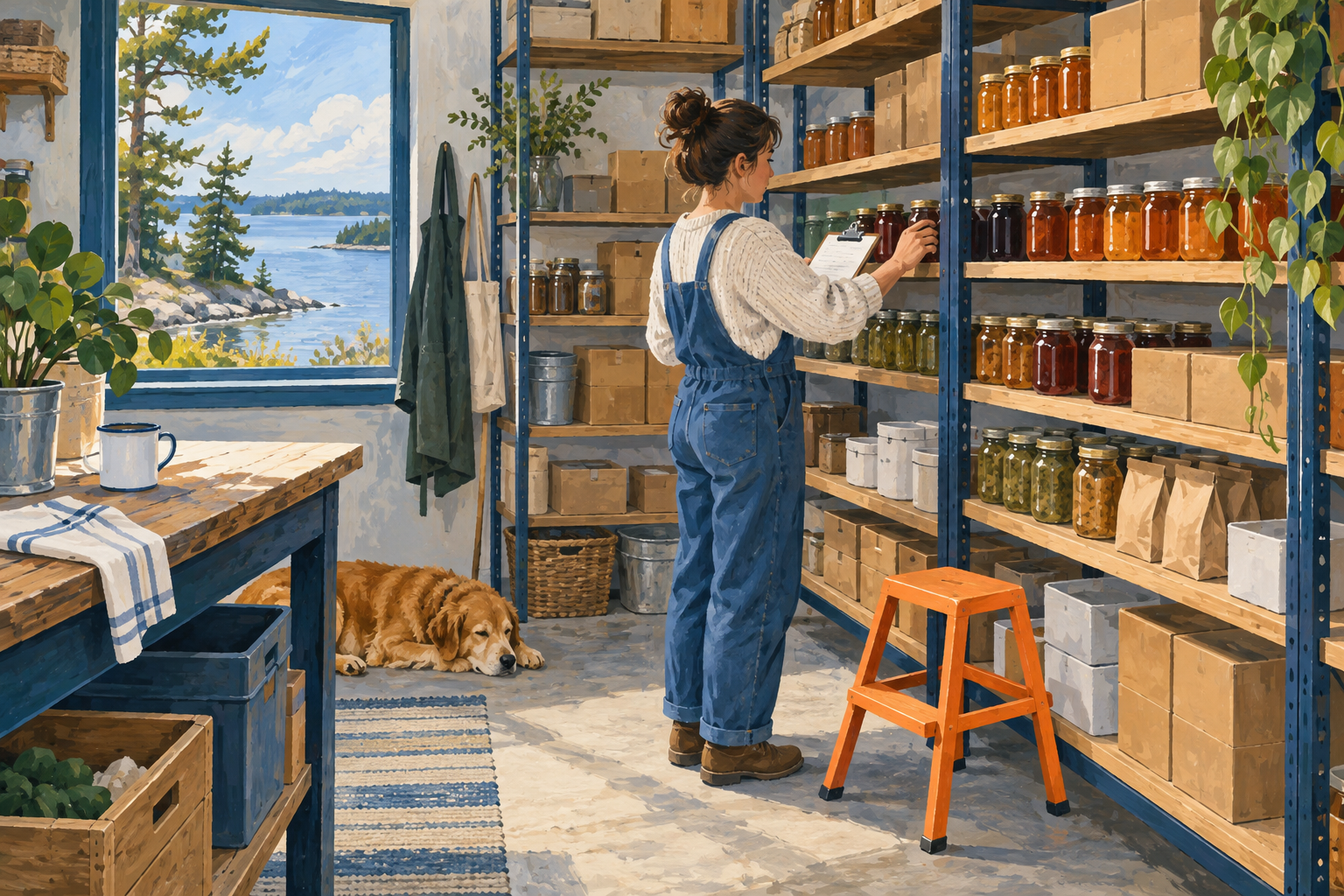 Editorial gouache illustration: A small independent store stockroom with neat rows of unlettered jars and boxes, a person compares a clipboard with shelf quantities, orange step stool.