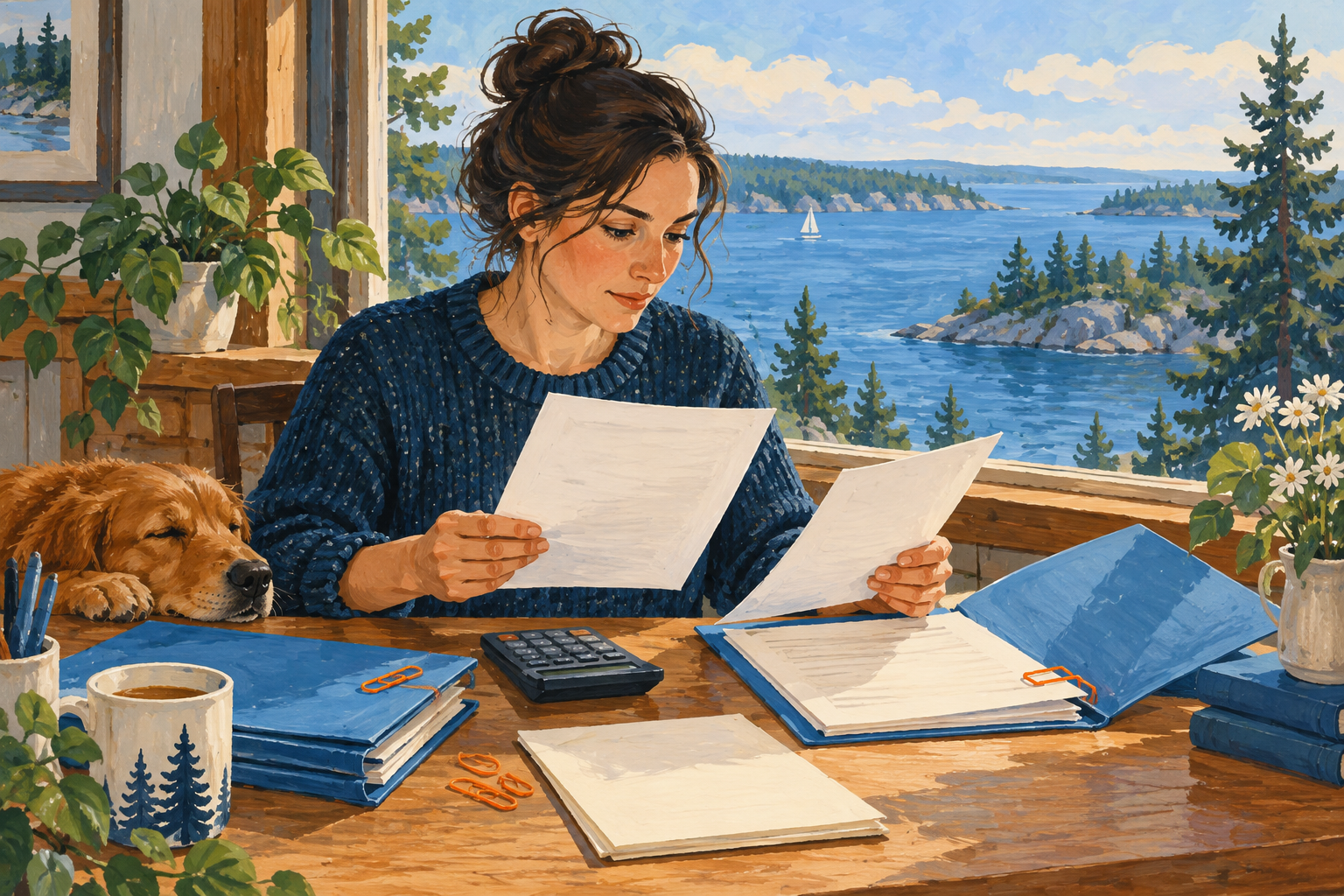 Editorial gouache illustration: A bookkeeper compares two unlettered invoices with a purchase-order folder and a simple calculator, blue folders and orange paperclips