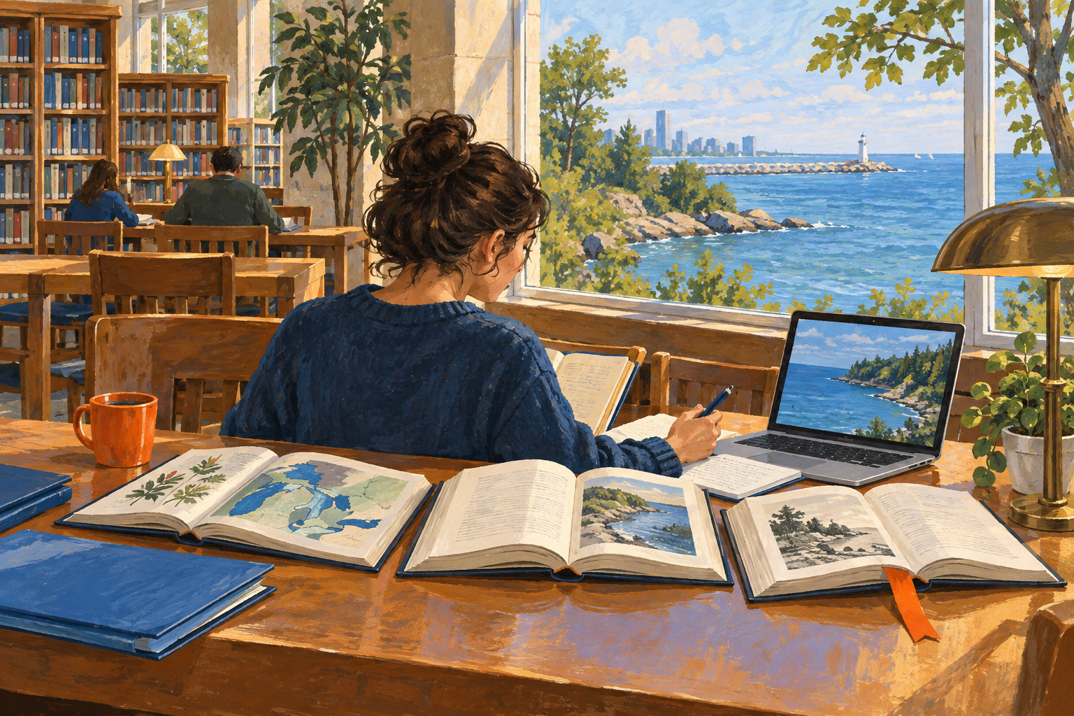 Editorial gouache illustration: A researcher compares three open unlettered books and a simple laptop screen at a public library reading desk