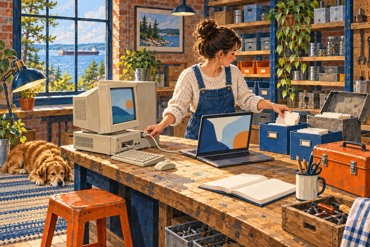 Editorial gouache illustration: A technician connects an old beige desktop computer to a modern laptop while moving cards from a dented file box into new boxes