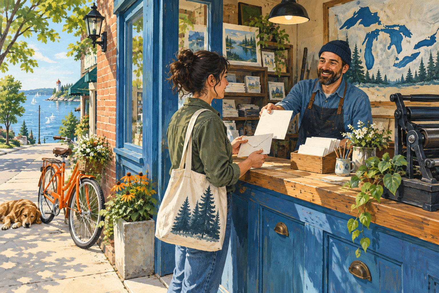 Editorial gouache illustration: A thoughtful person at a welcoming neighborhood print counter collecting a blank letter and envelope