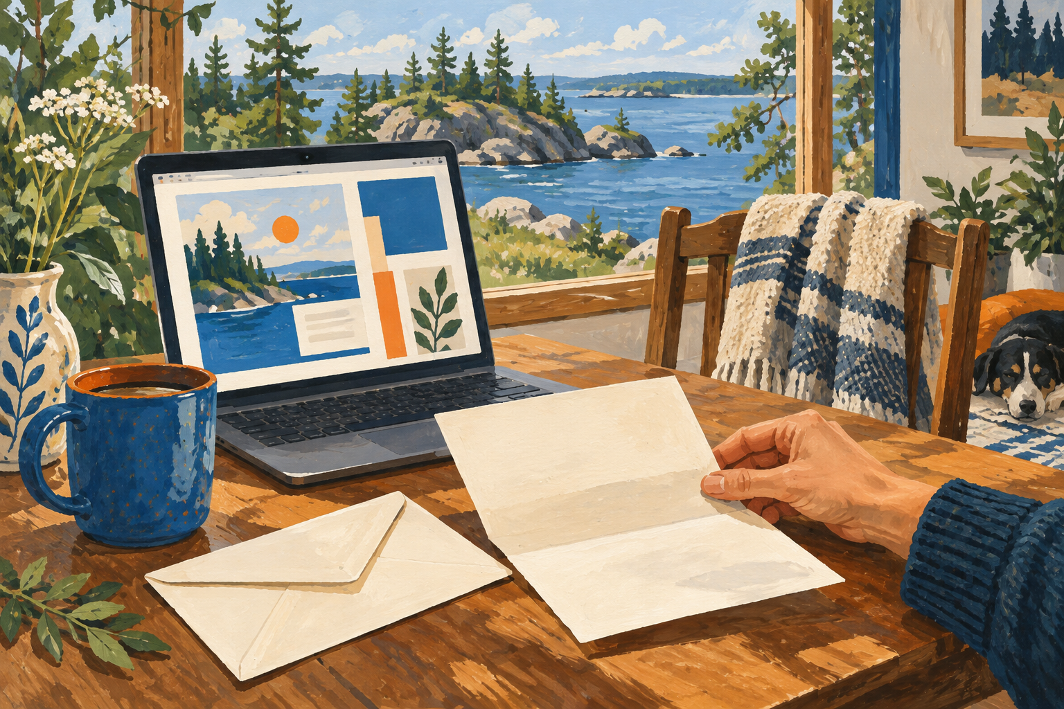 Editorial gouache illustration: A laptop displaying abstract unlettered page shapes next to a freshly folded cream letter and envelope
