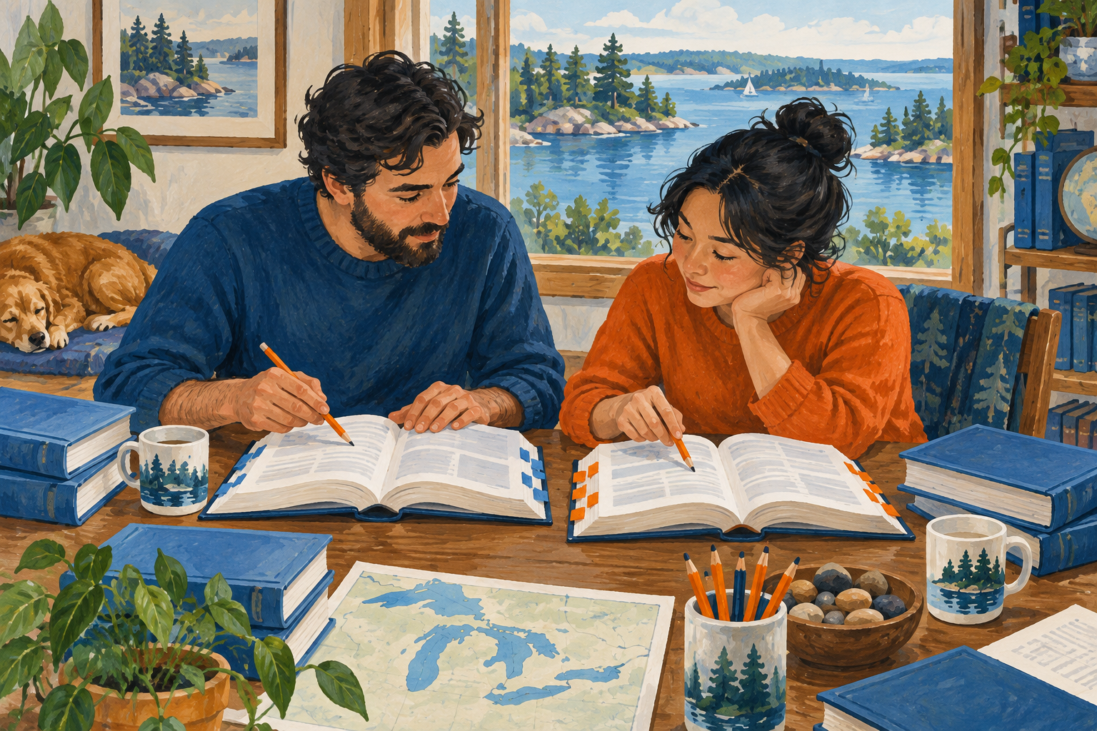 Editorial gouache illustration: Two language editors at a shared desk compare two unlettered manuals with matching colored page tabs, blue reference books and orange pencils