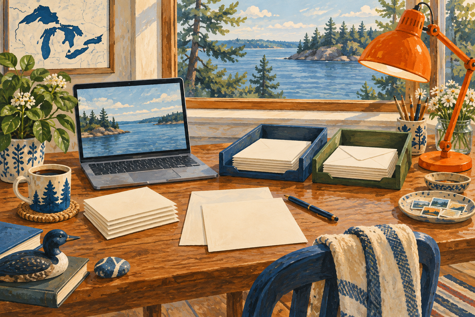Editorial gouache illustration: A carefully arranged mail preparation table with an open laptop, blank letters and envelopes, two clearly separate review trays, orange lamp.