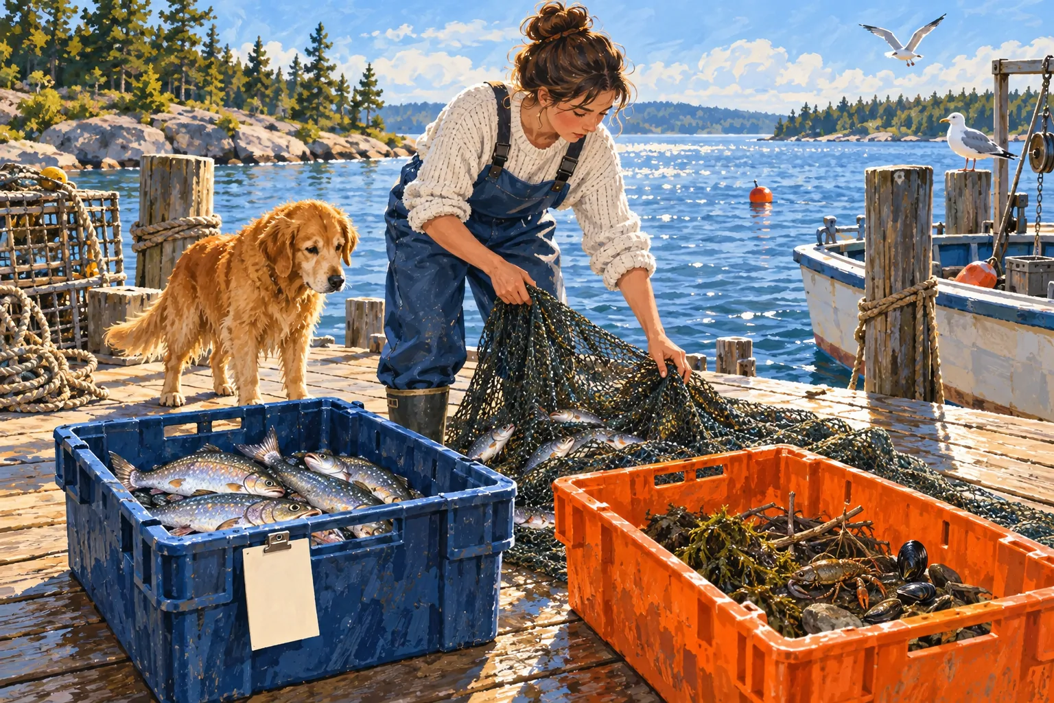 Editorial gouache illustration: A fisher sorts a net catch into a blue crate of keepers and an orange crate of throwbacks on a Great Lakes dock
