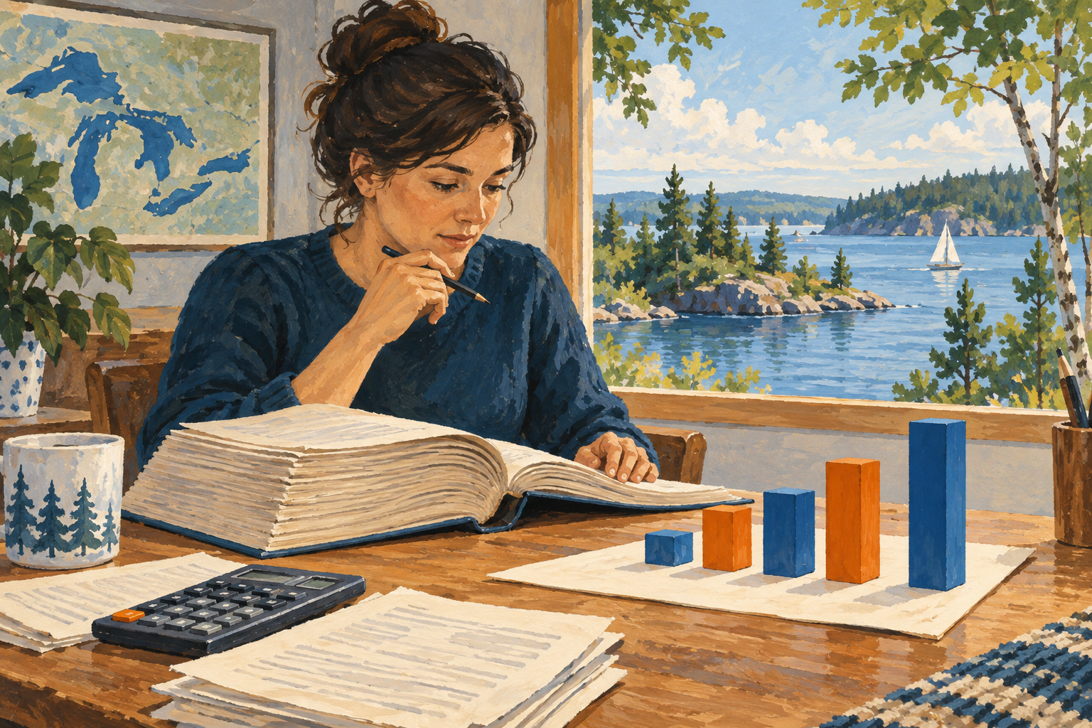 Editorial gouache illustration: A finance reviewer compares a thick unlettered ledger to a simple geometric bar chart made from blue and orange wooden blocks
