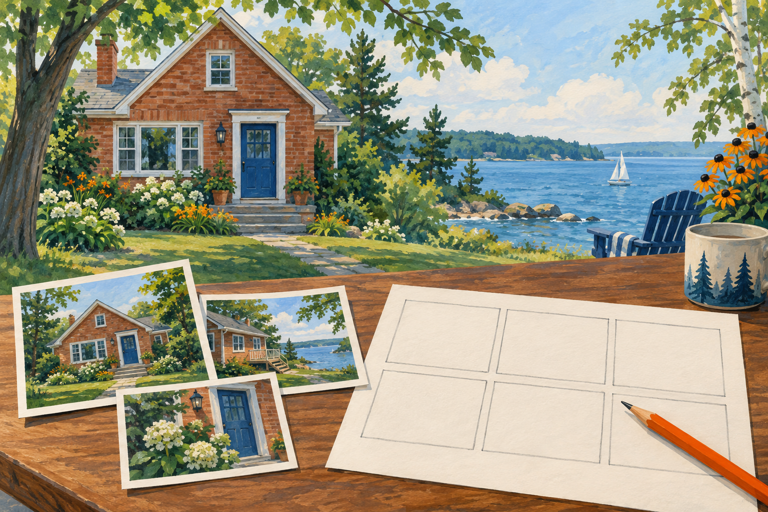 Editorial gouache illustration: A modest brick house with a blue front door beside a desk holding photographs of the same house and a blank marketing storyboard, orange pencil.