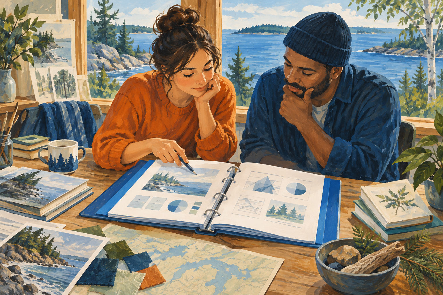 Editorial gouache illustration: An open unlettered proposal binder with blue dividers and small diagrams of geometric shapes, two colleagues checking source materials together.