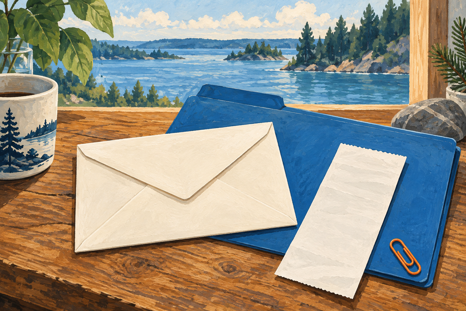 Editorial gouache illustration: A neatly sealed blank cream envelope, a blank receipt, blue document folder and small orange paperclip arranged for record keeping