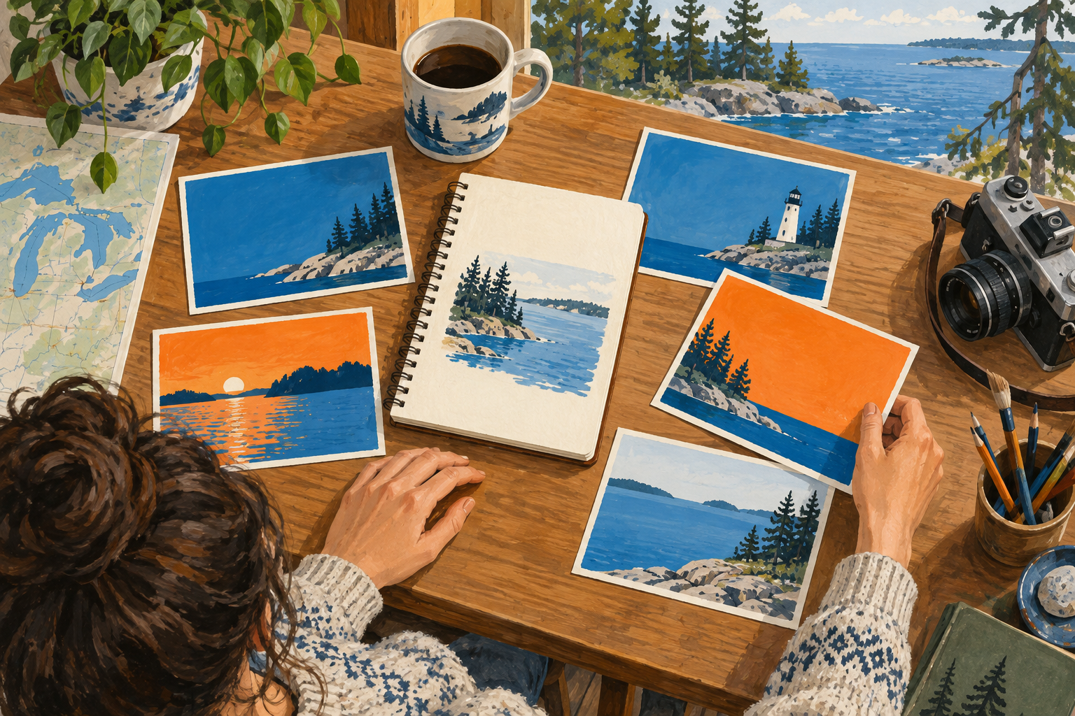 Editorial gouache illustration: A creative editor arranges several blank blue and orange postcard-size layouts around a single cream source notebook