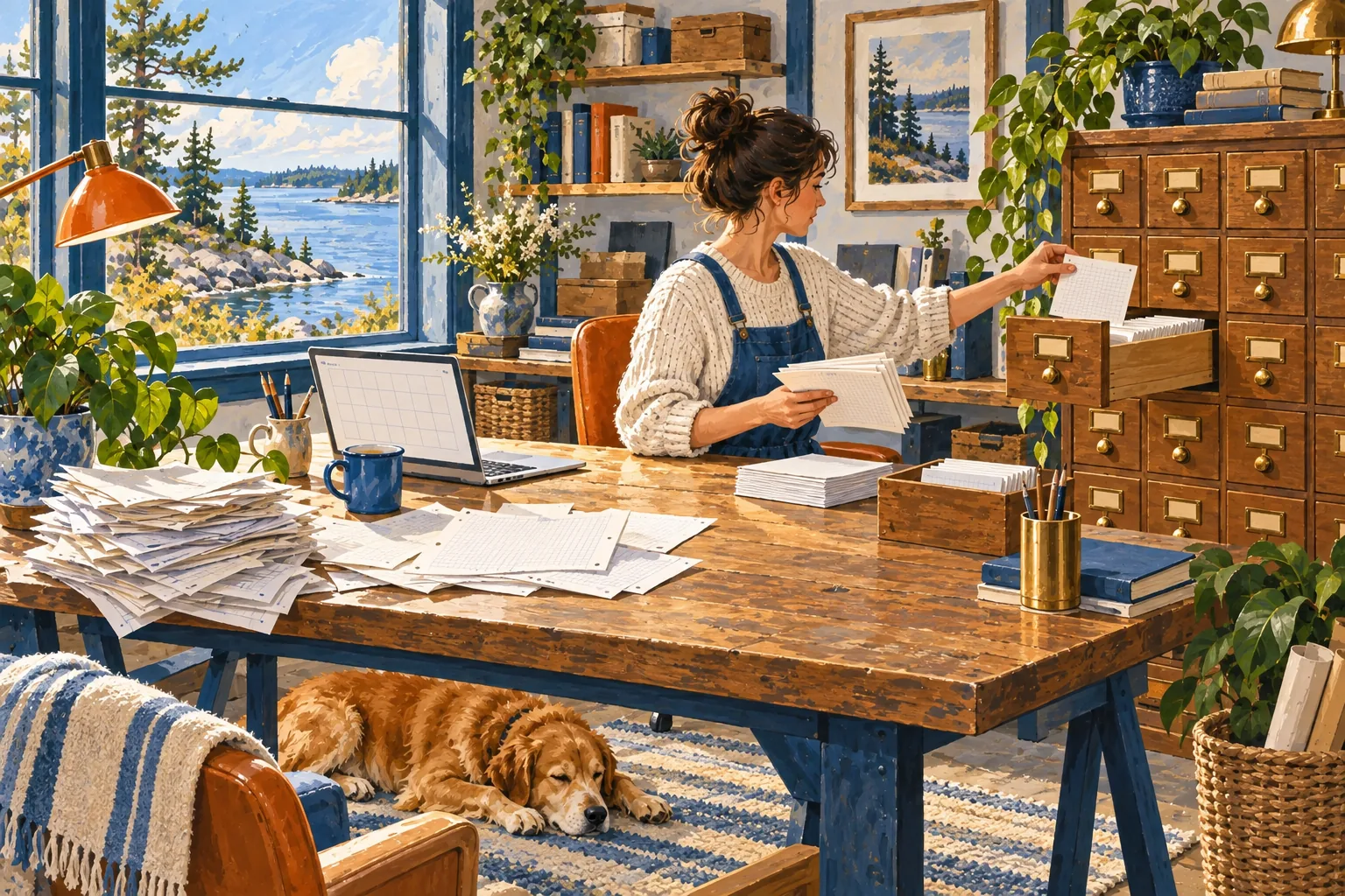 Editorial gouache illustration: An office manager moves loose grid sheets from an untidy pile into a wooden card-catalog cabinet