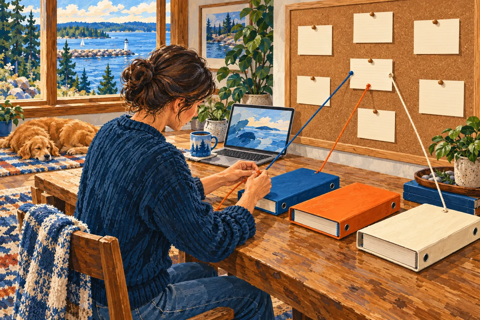Editorial gouache illustration: An operations manager links blue, orange and cream binders and a laptop to one board of index cards with colored threads