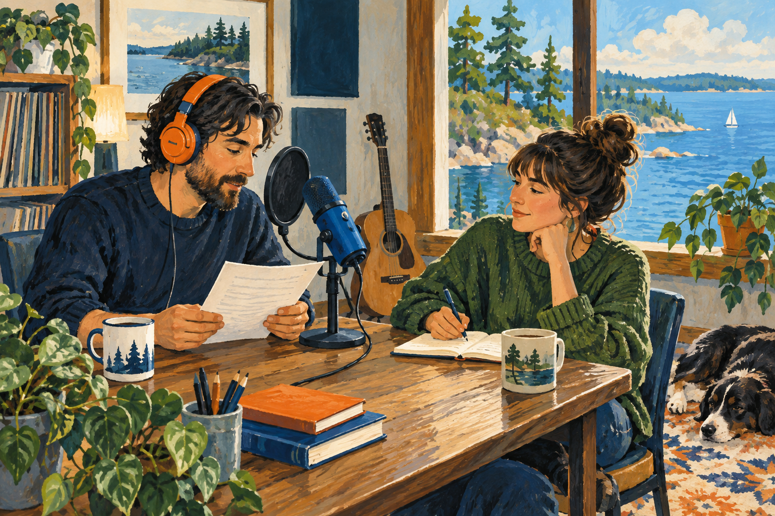Editorial gouache illustration: A small recording studio with a person reviewing an unlettered script beside a blue microphone and orange headphones
