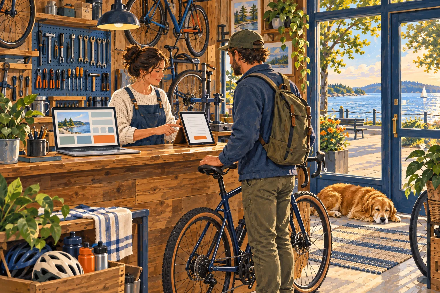 Editorial gouache illustration: A bike shop owner shows a public page on a laptop and a booking form on a tablet to a customer with a bicycle