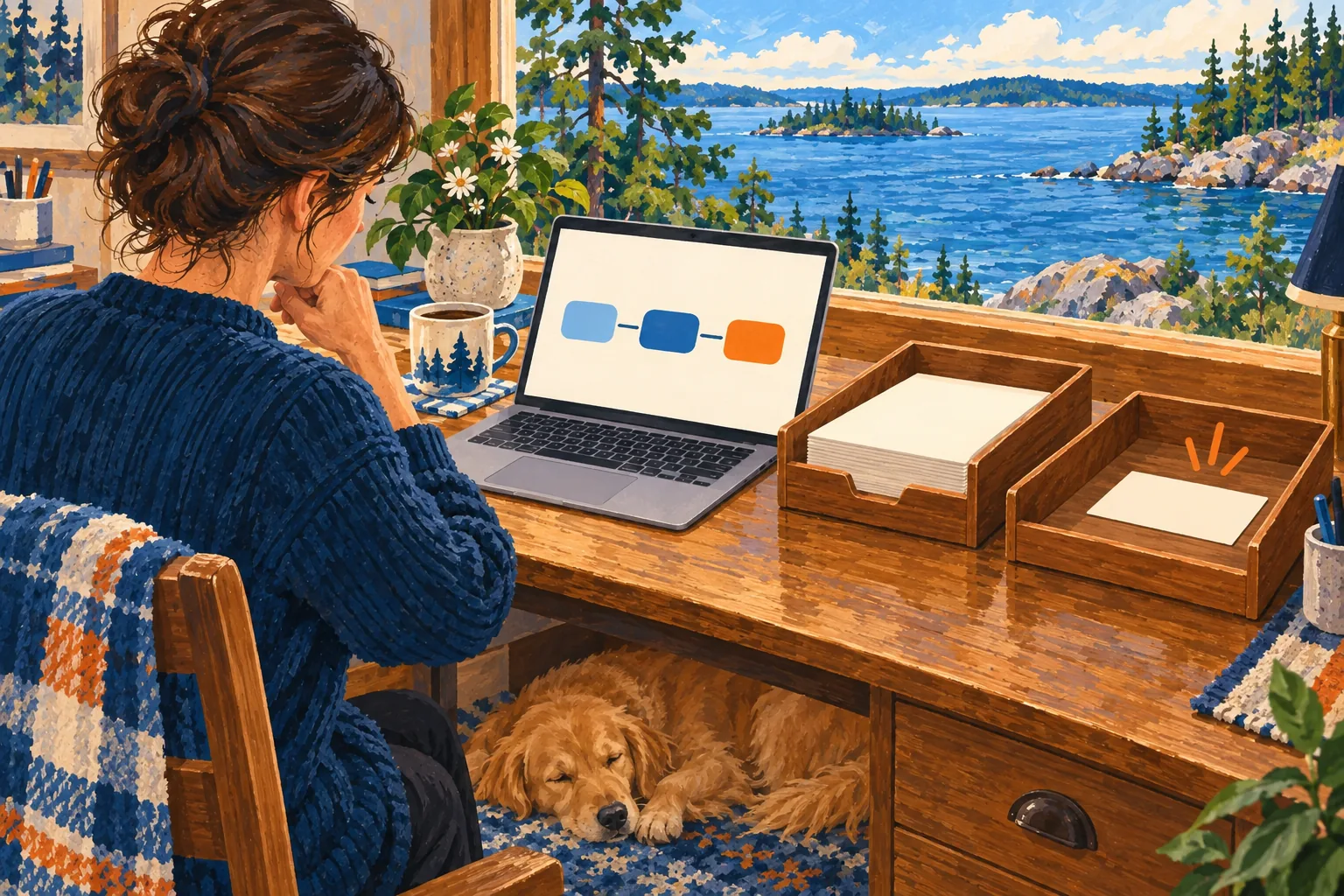 Editorial gouache illustration: An office coordinator watches a laptop of connected blank tiles while a card moves from an inbox tray to an outbox tray