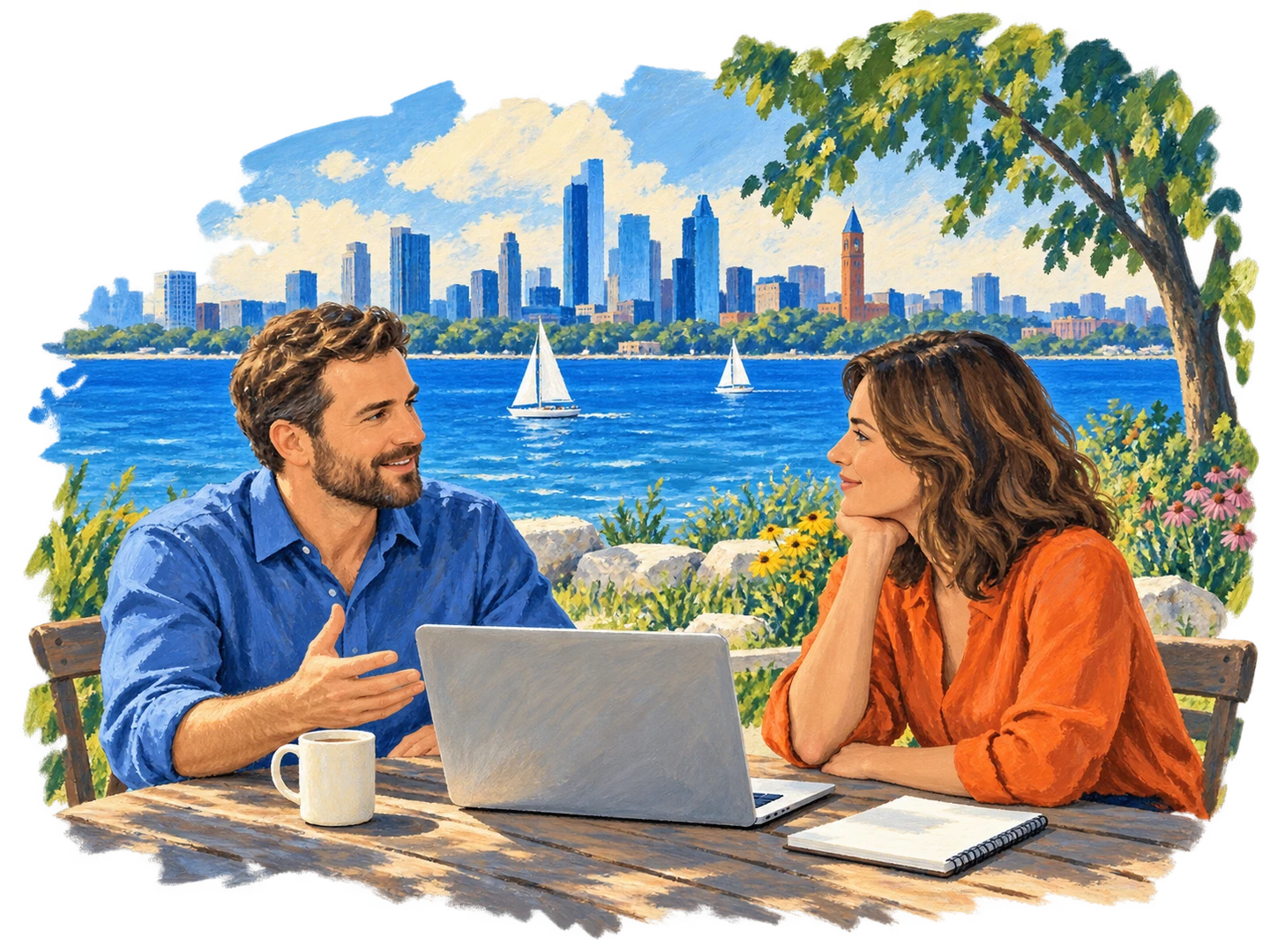 Painted illustration of two colleagues talking over a laptop beside the lake
