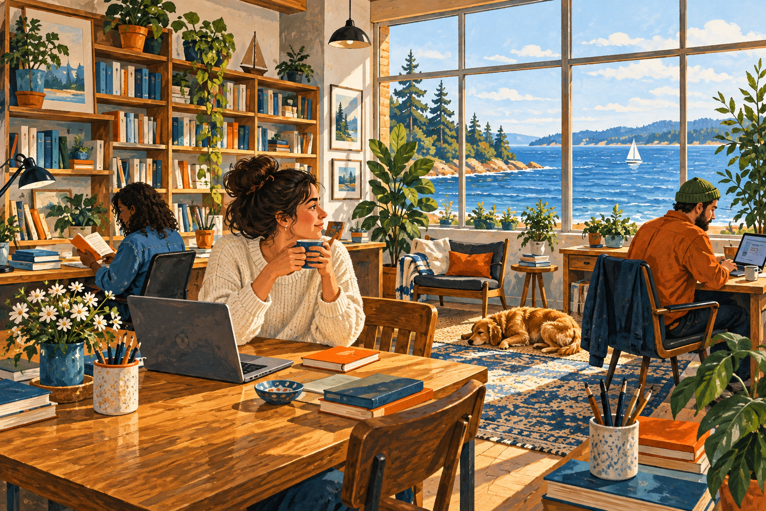 Imaginative illustration of an independent office with books, plants and a lake-facing window