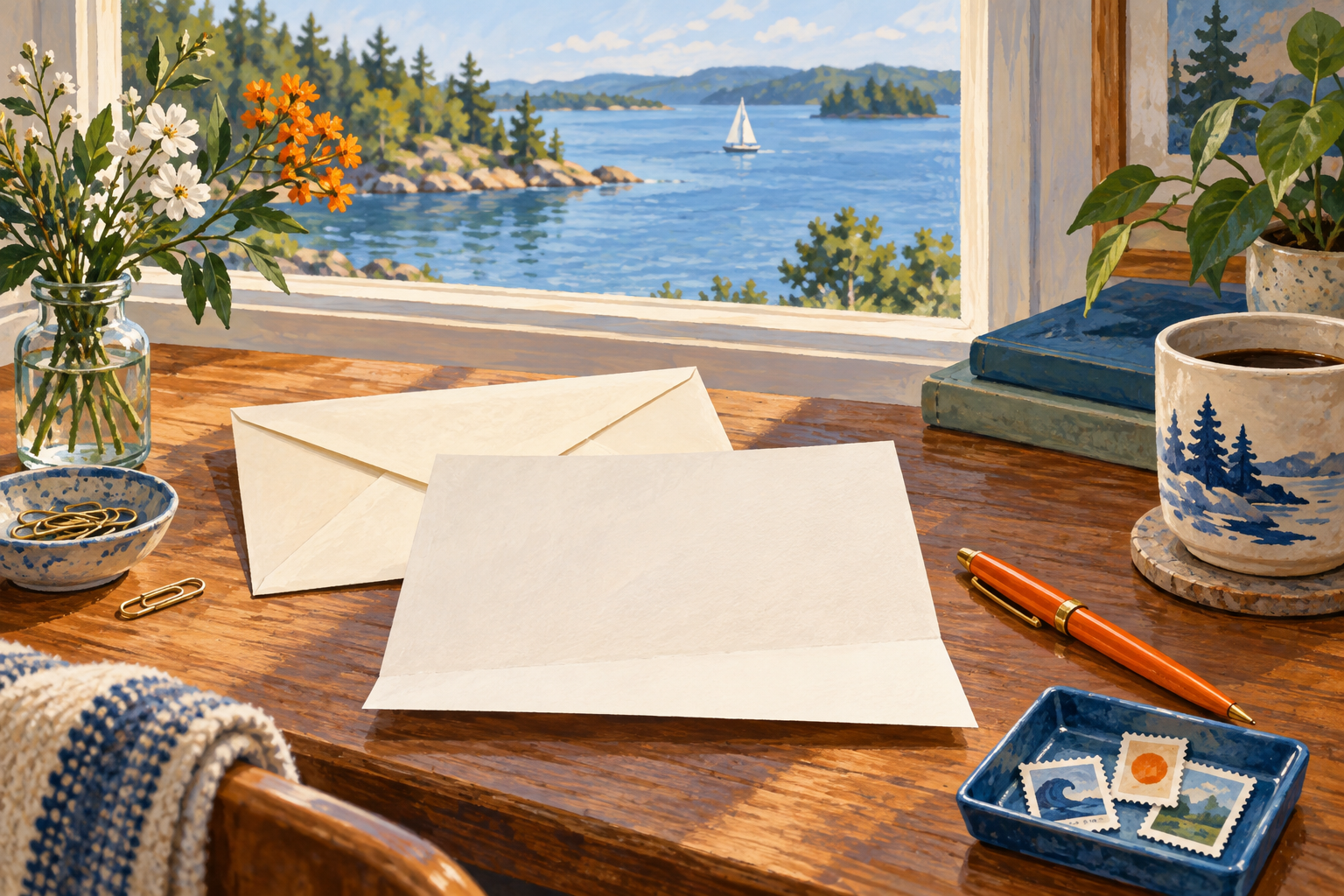 Gouache illustration of a letter and envelope prepared on a sunlit writing desk