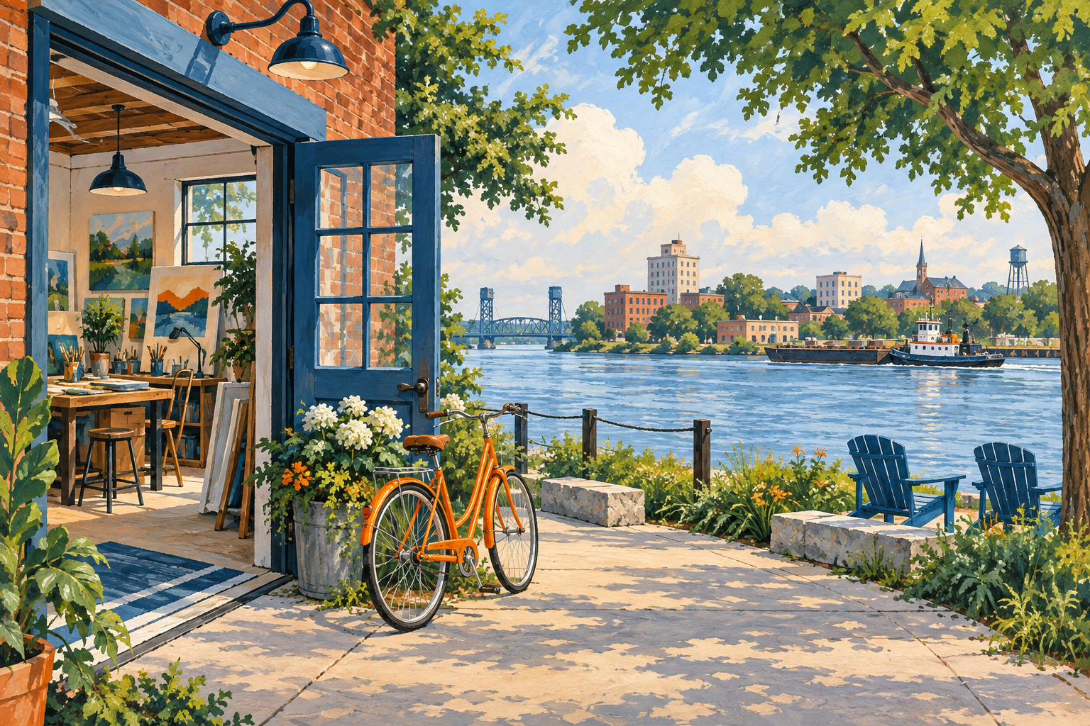 Painted Great Lakes riverfront with leafy trees and a blue sky