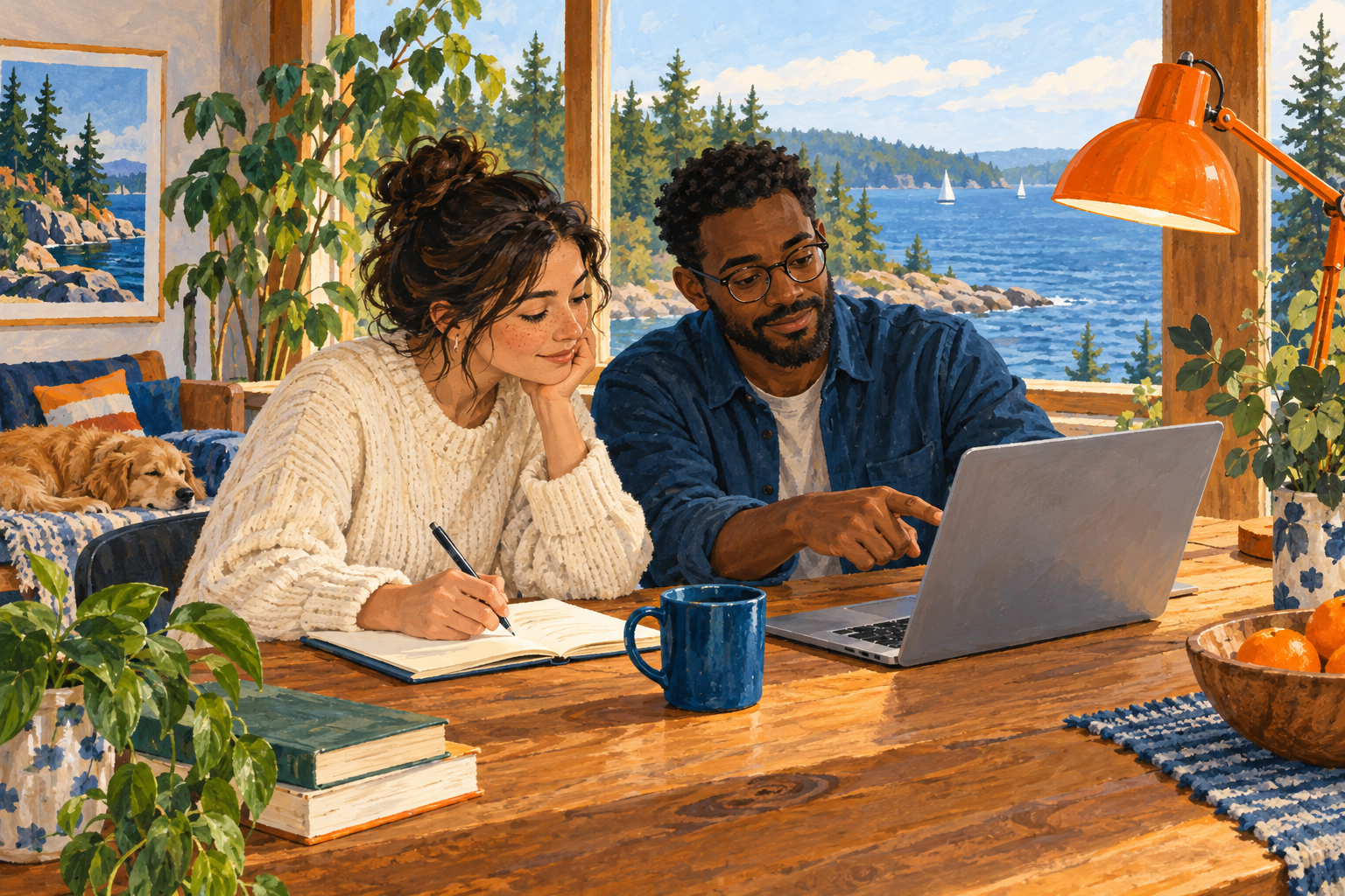 Gouache illustration of a hands-on software handoff and shared notes
